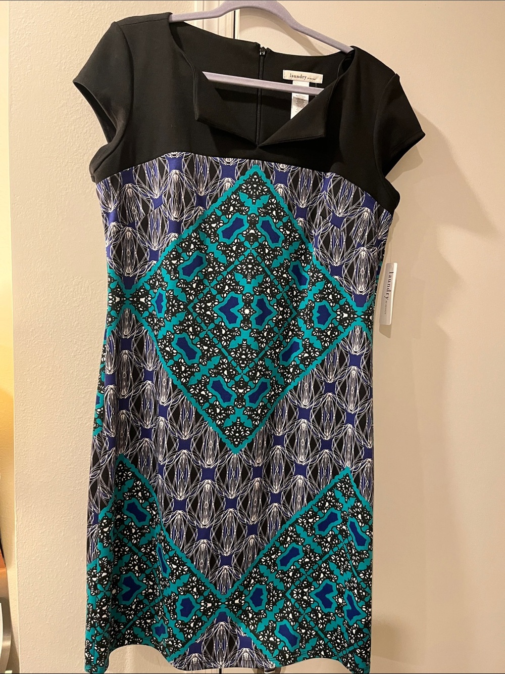Laundry By Shelli Segal Black, Teal & Blue Printed Cap-Sleeve Midi Dress